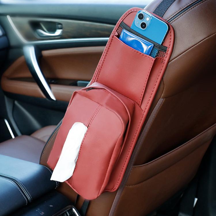 Car seat side storage pocket tissue holder in red with phone slot and tissue panel