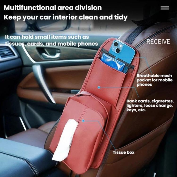 Red car seat side tissue holder with phone pocket and front tissue compartment