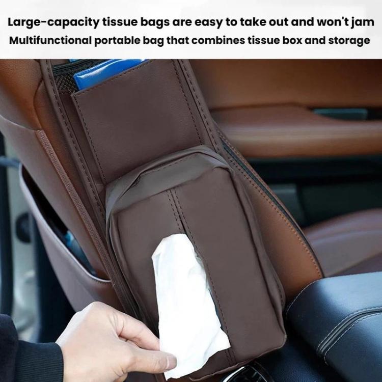 Brown car seat tissue holder with front opening for removing tissues