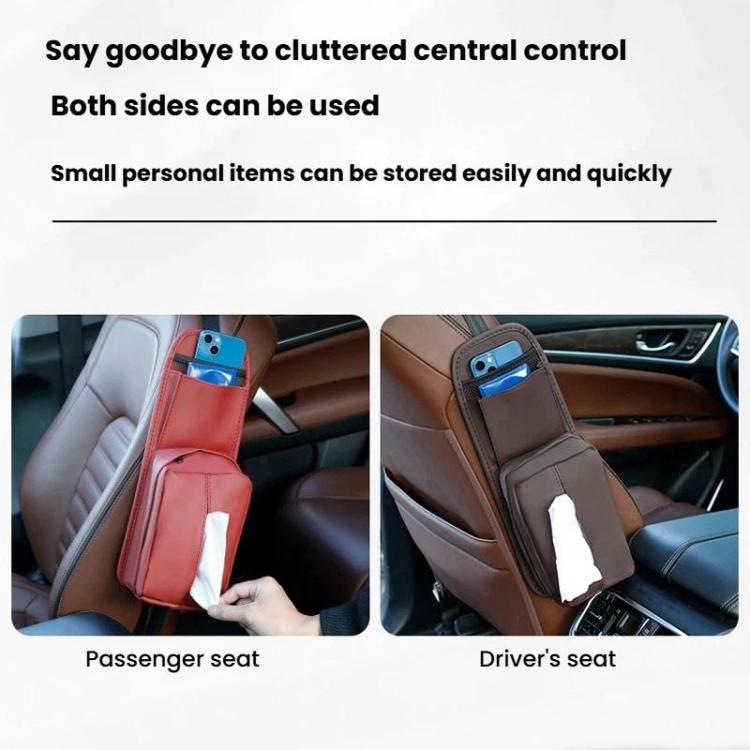 Car seat side tissue holders in red and brown with hanging tissue pocket