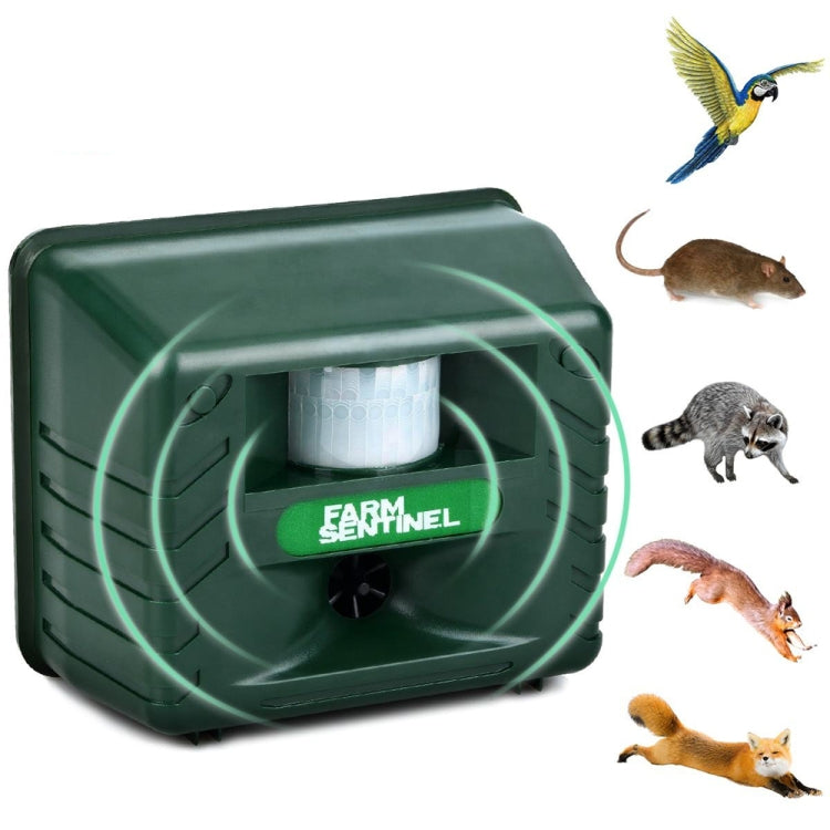 Dark green outdoor ultrasonic pest repeller device with label and front sensor window