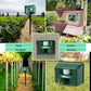 Dark green outdoor ultrasonic repeller device with label shown in garden and orchard scenes