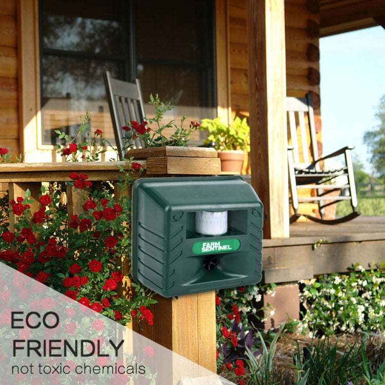Dark green ultrasonic repeller box with label and front sensor window