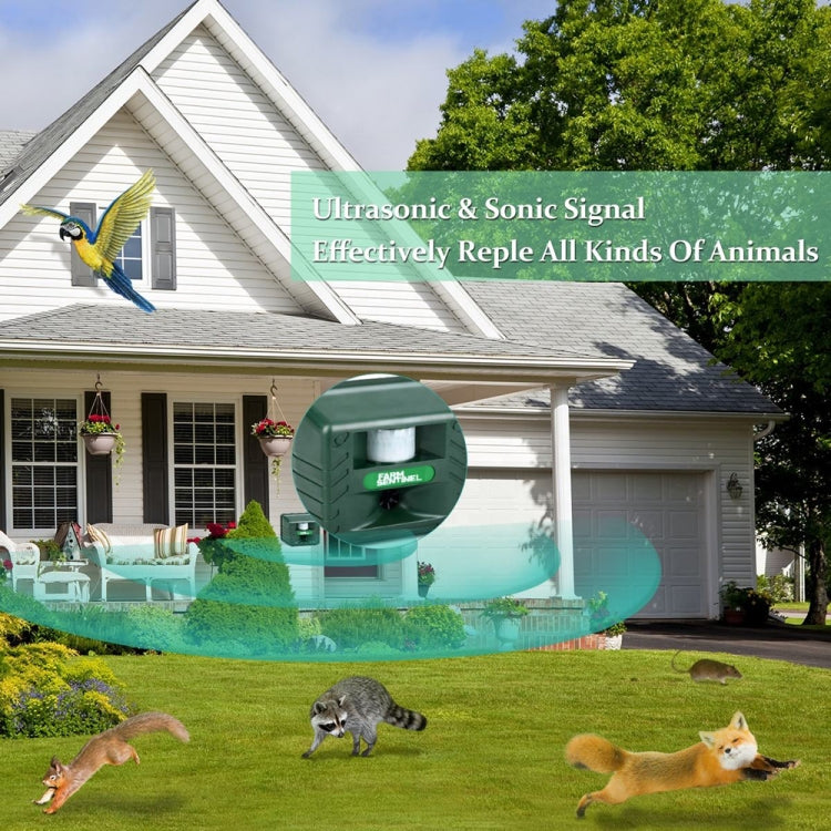 Dark green outdoor ultrasonic and sonic repeller device with label and sensor window