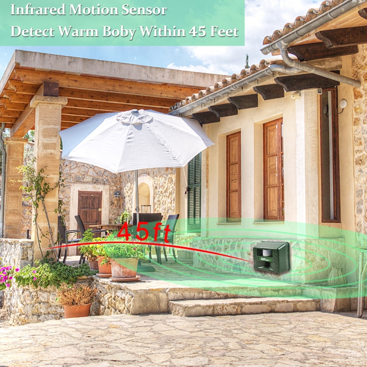 Outdoor ultrasonic pest repeller device with motion sensor, dark gray casing on ground