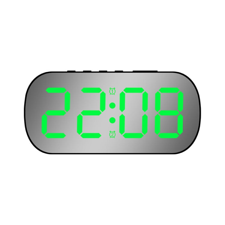 LED digital desk alarm clock with green time display on black housing