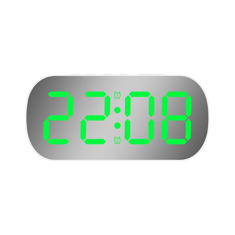 LED digital desk alarm clock with green time display on light gray housing