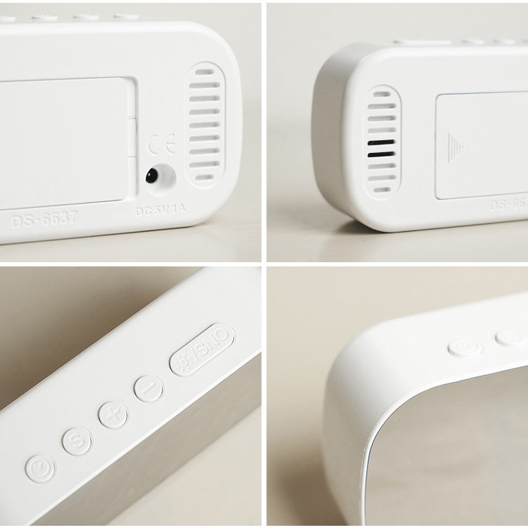 White LED alarm clock showing side speaker vents and control buttons