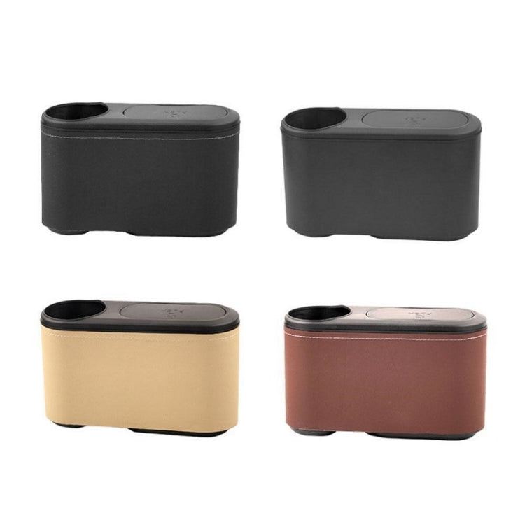 Car seat cup holder trash bin set, black, gray, beige, and brown plastic units
