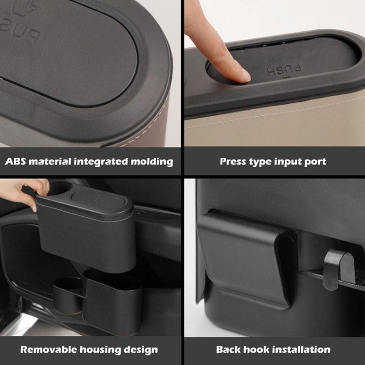 Car seat cup holder trash bin, black plastic close-up of lid and mounting area