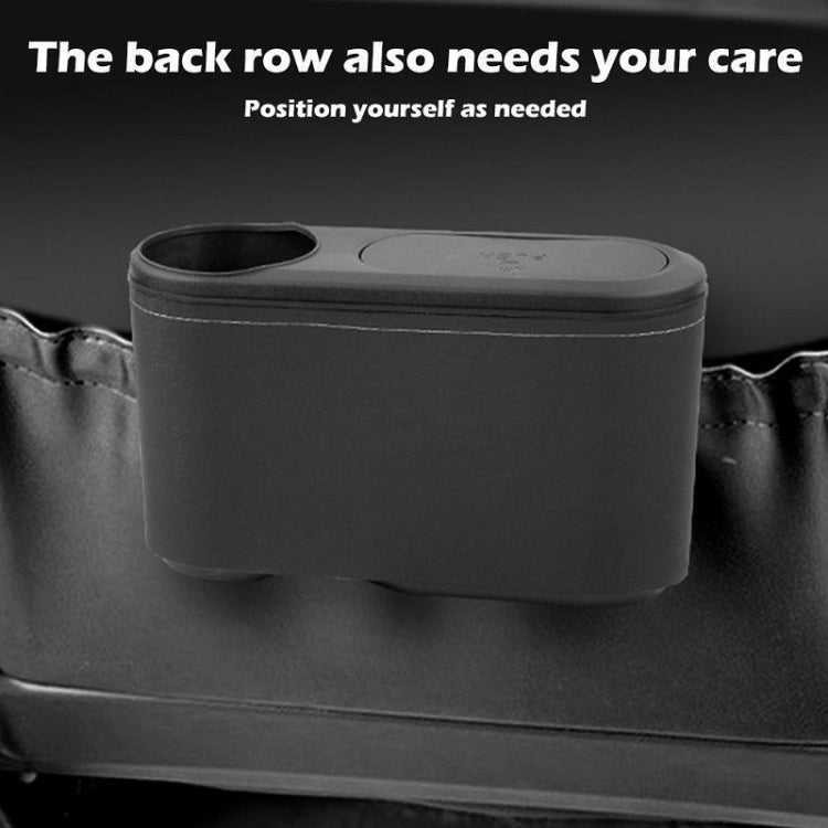 Car seat cup holder trash bin, black plastic with oval lid and built-in cup opening