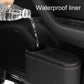 Car seat cup holder trash bin, black plastic with cup opening while water pours in