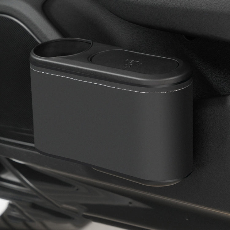 Car seat cup holder trash bin, black plastic, oval top with cup opening