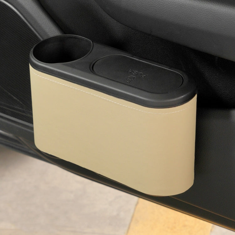 Car seat cup holder trash bin, beige plastic body with oval lid and cup opening
