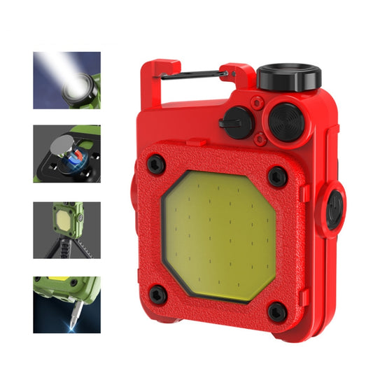 Red mini keychain COB flashlight with black speaker grille and top handle loop