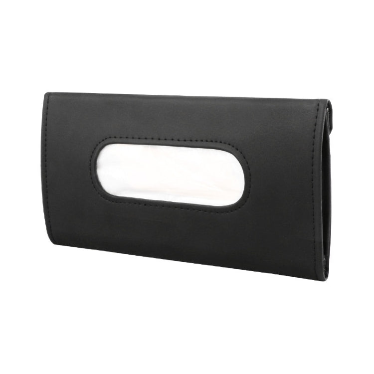 Black car visor tissue holder with oval tissue slot and stitched flap front