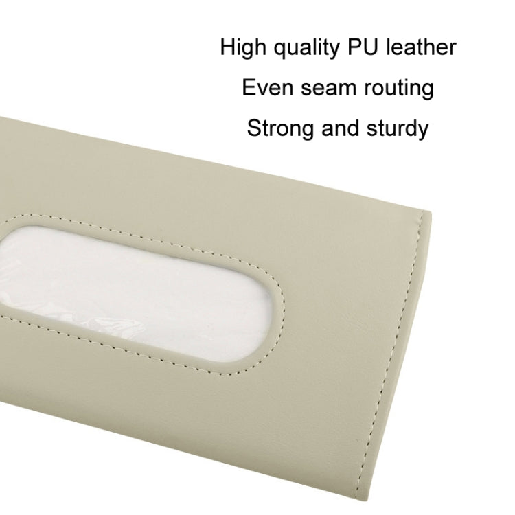 Beige car visor tissue holder with oval cutout and visible stitching