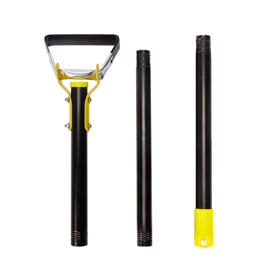 Telescoping stirrup weeding hoe with yellow head, black handle, and multiple pole sections
