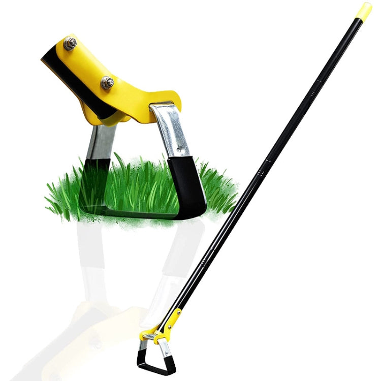 Stirrup weeding hoe with yellow-and-black handle and gray blade cutting through grass
