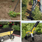 Yellow-and-black stirrup ring weeding hoe with metal blade, standing in garden bed
