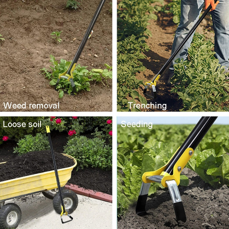Yellow-and-black stirrup ring weeding hoe with metal blade, standing in garden bed