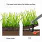 Stirrup hoe cutting through grass roots with gray blade