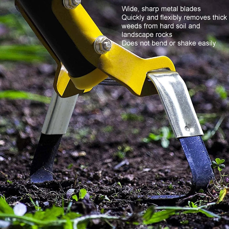 Yellow stirrup ring weeding hoe with black frame and metal blade, on soil