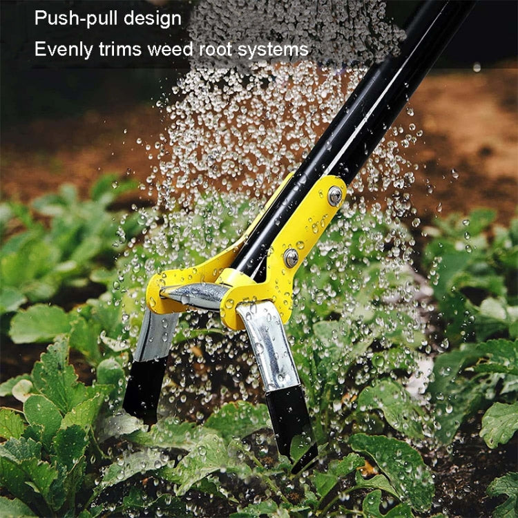 Yellow stirrup ring weeding hoe with push-pull handle and metal blade, spraying soil