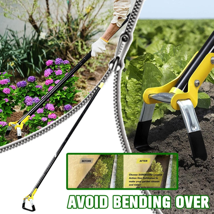 Yellow-and-black stirrup ring weeding hoe with long frame and metal blades