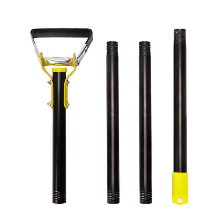 Stirrup weeding hoe with yellow head, black handle, and three standalone pole sections