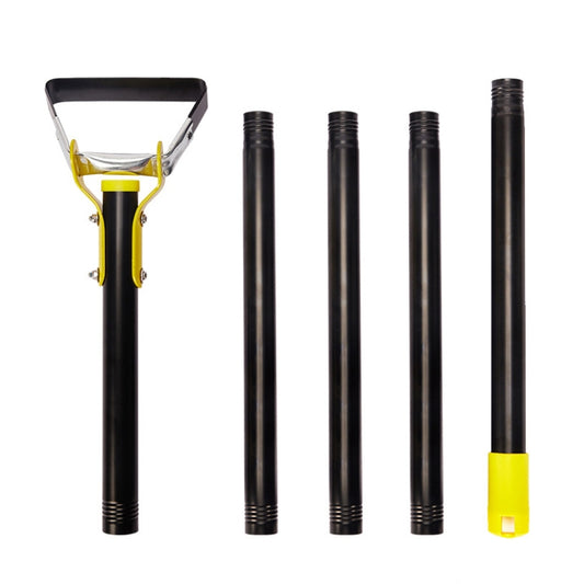 Telescoping stirrup weeding hoe with yellow head and several black pole sections