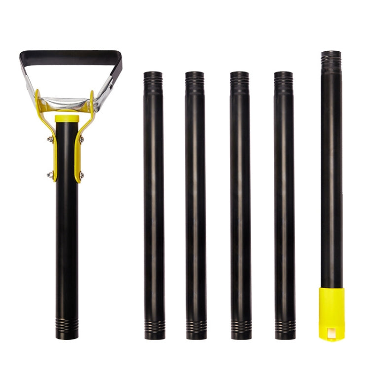 Stirrup weeding hoe with yellow head, black handle, and five black pole sections