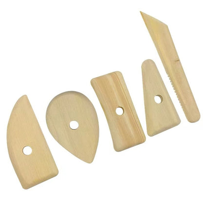 Set of 5 light wood pottery scrapers with skeleton-knife style blades