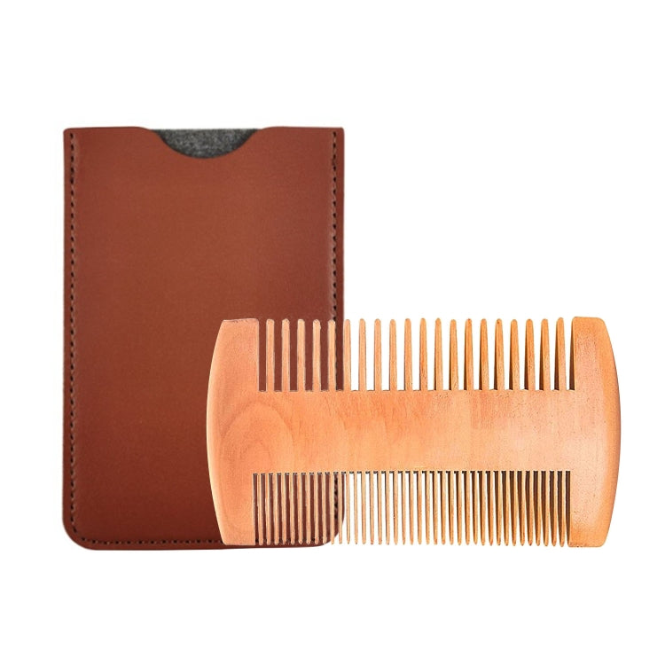 Double-sided wooden beard comb with brown PU leather carrying case.