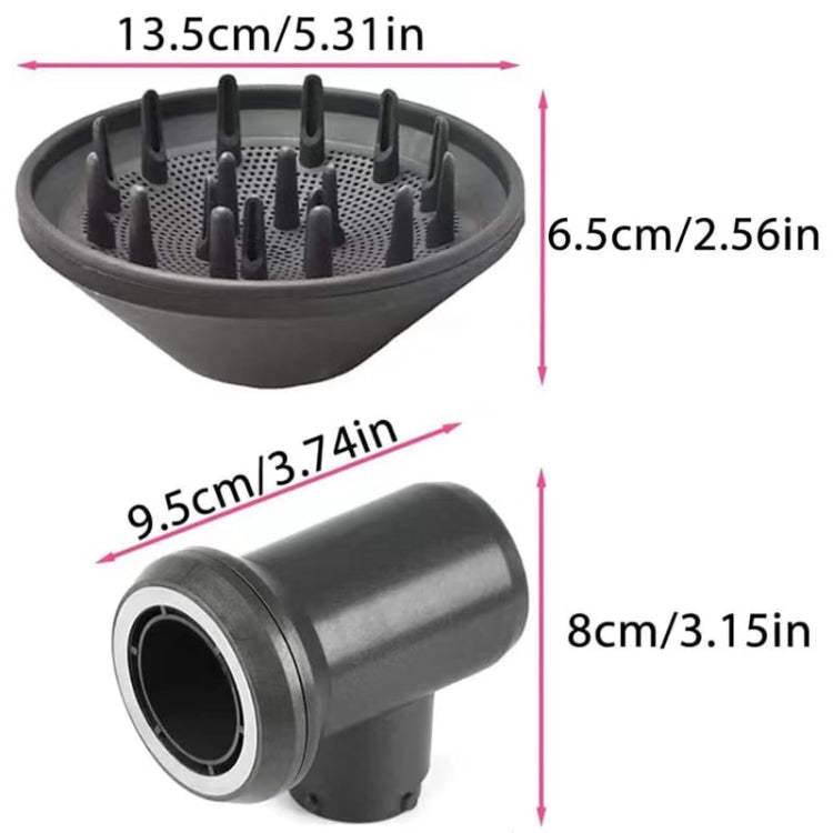 Hair dryer diffuser nozzle attachment dimensions: round hood and cylindrical outlet
