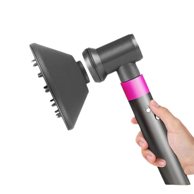 Hair dryer diffuser nozzle attachment with hood and outlet, shown with adapter piece