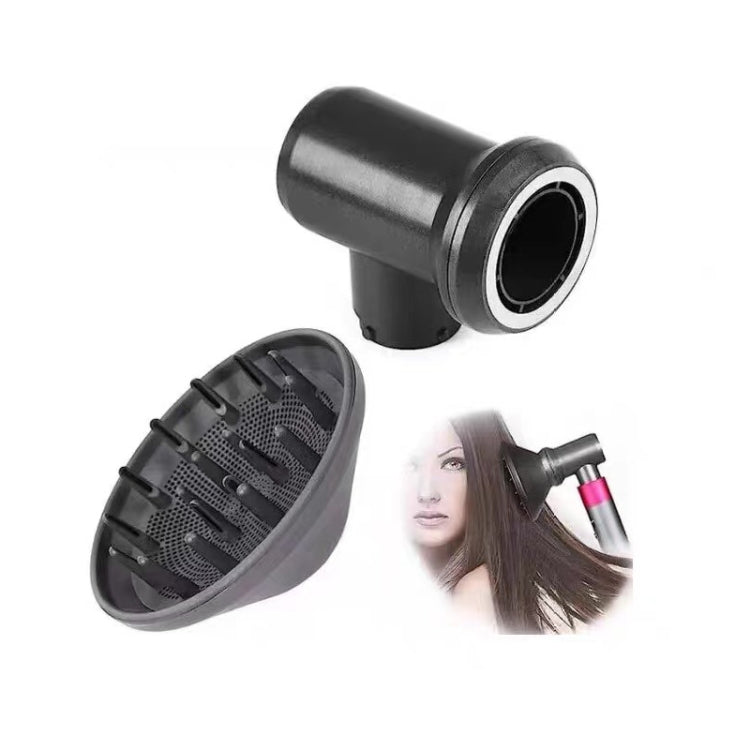 Hair dryer diffuser nozzle attachment with round hood and side outlet adapter piece