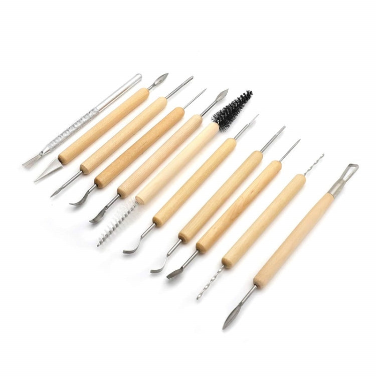 11-piece clay carving tool set with light wood handles and metal sculpting tips