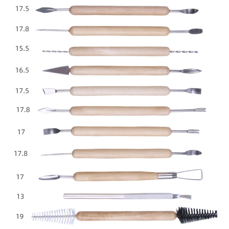 Clay sculpting tools set layout, wooden handles with assorted metal carving tips