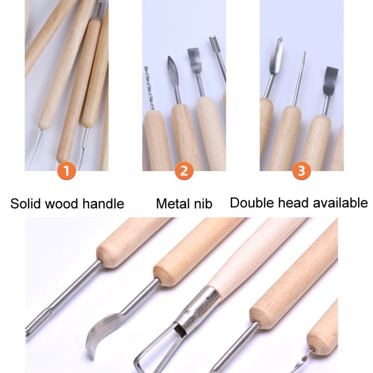 Wood-handled clay sculpting tools showing different metal nibs and double-head tips