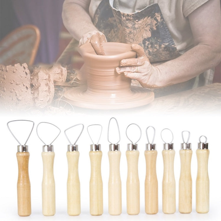 Clay pottery scraper tool set with light wood handles and metal loop blades (10pcs).