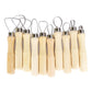 Pottery clay scraper tools with pale wood handles and metal loop blades, arranged set (10pcs).