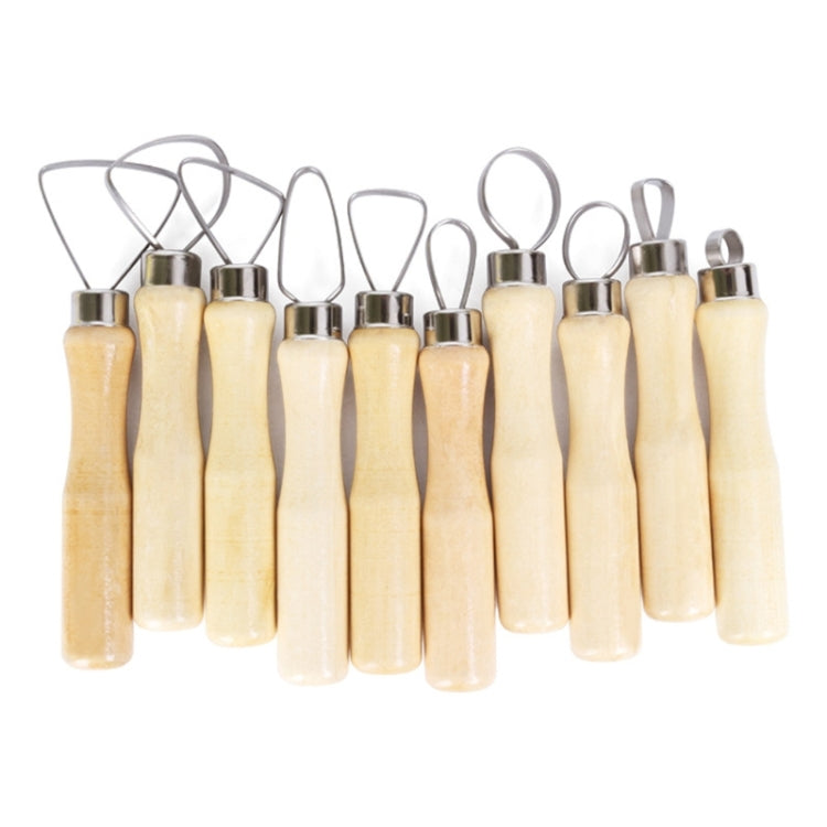 Pottery clay scraper tools with pale wood handles and metal loop blades, arranged set (10pcs).