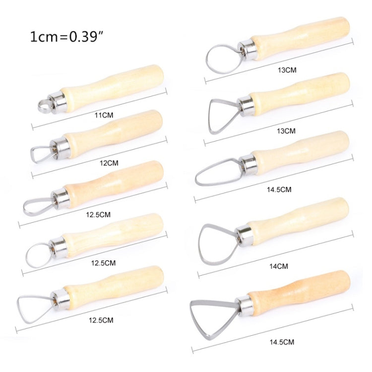 Pottery clay scraper tools with oval metal loop blades and pale wood handles.