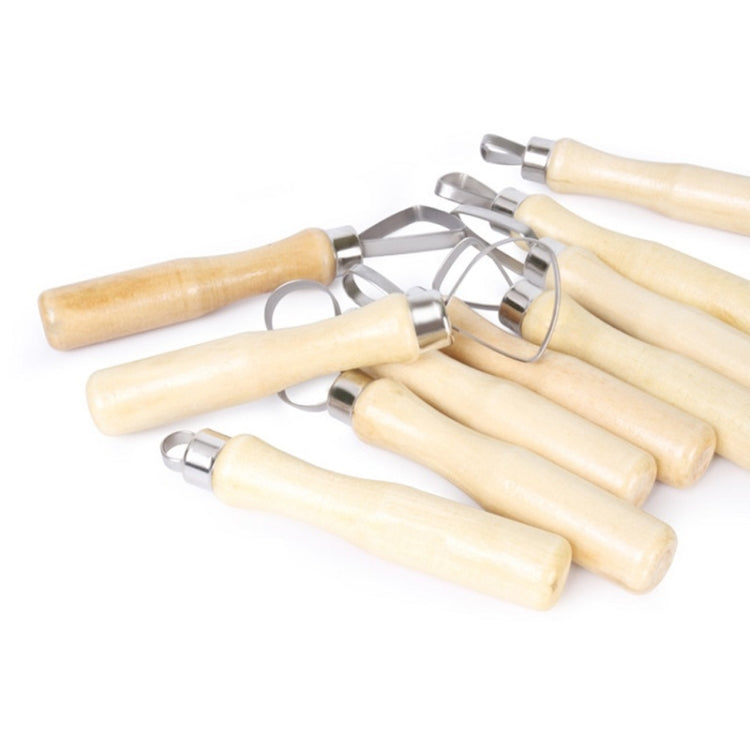 Pottery clay scraper tool set with pale wooden handles and metal loop blades.
