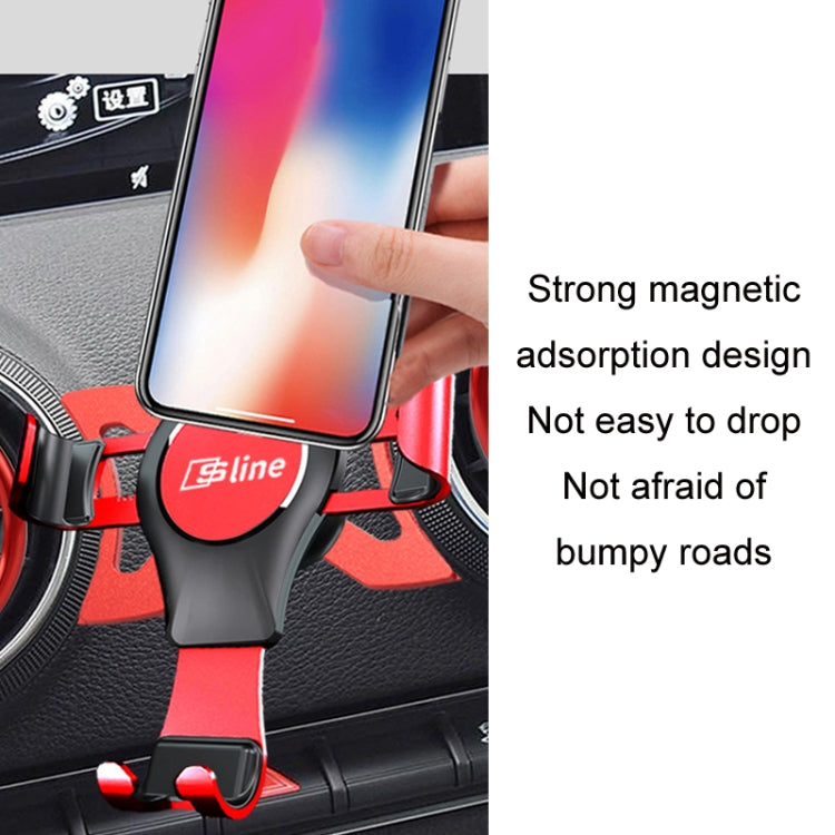 Black and red magnetic phone holder gripping a smartphone on a car dashboard