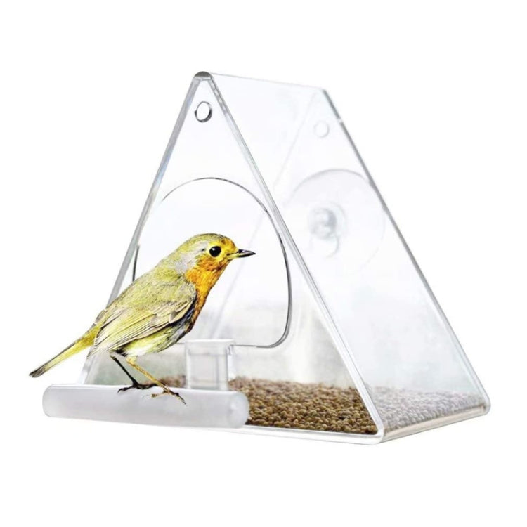 Transparent triangle acrylic bird feeder box with seed tray and perch