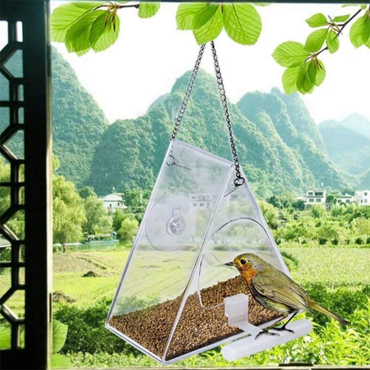 Hanging transparent triangle acrylic bird feeder with seed tray and perch