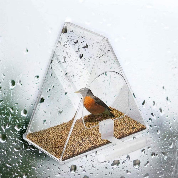 Transparent triangle acrylic bird feeder with seed tray and arched entrance