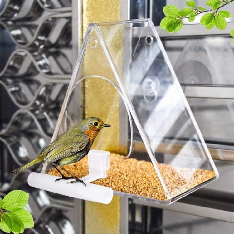 Close-up transparent triangle acrylic bird feeder with bird and seed tray
